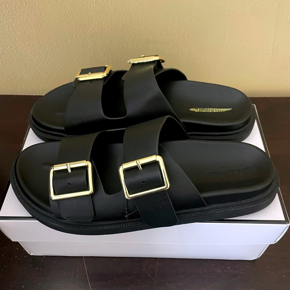 Banana Republic Womens Black‎ Double Buckle Slide Sandals Gold Hardware Size 8